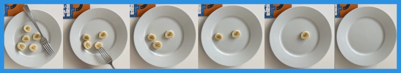 Banana slices decreasing on a plate.