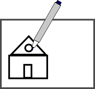 Drawing a circle as the window of a house on a whiteboard.