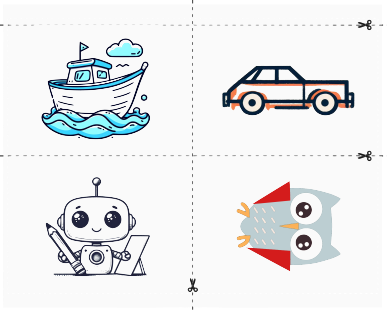 Drawing cards: a boat, a car, a robot and an owl