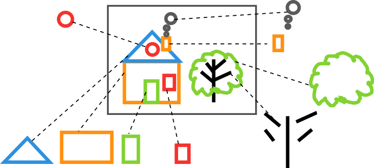 Decomposed house formed by basic geometrical figures