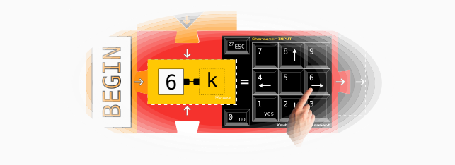 Finger pressing the key 6 of a keyboard block