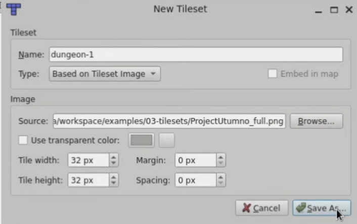 Importing a tileset with tiled